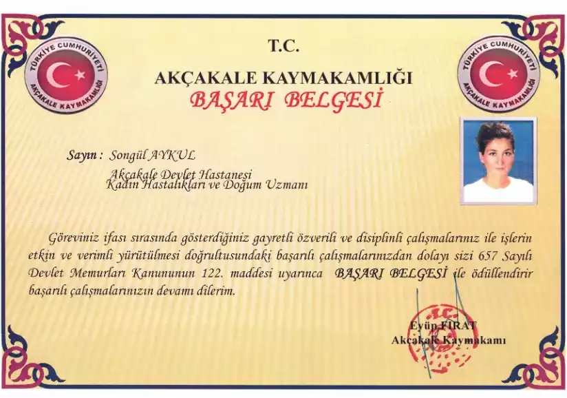 Akçakale Kaymakamlığı Başarı Belgesi — Adana kadın doğum uzmanı Doç. Dr. Songül Alemdaroğlu devlet hizmeti dönemi