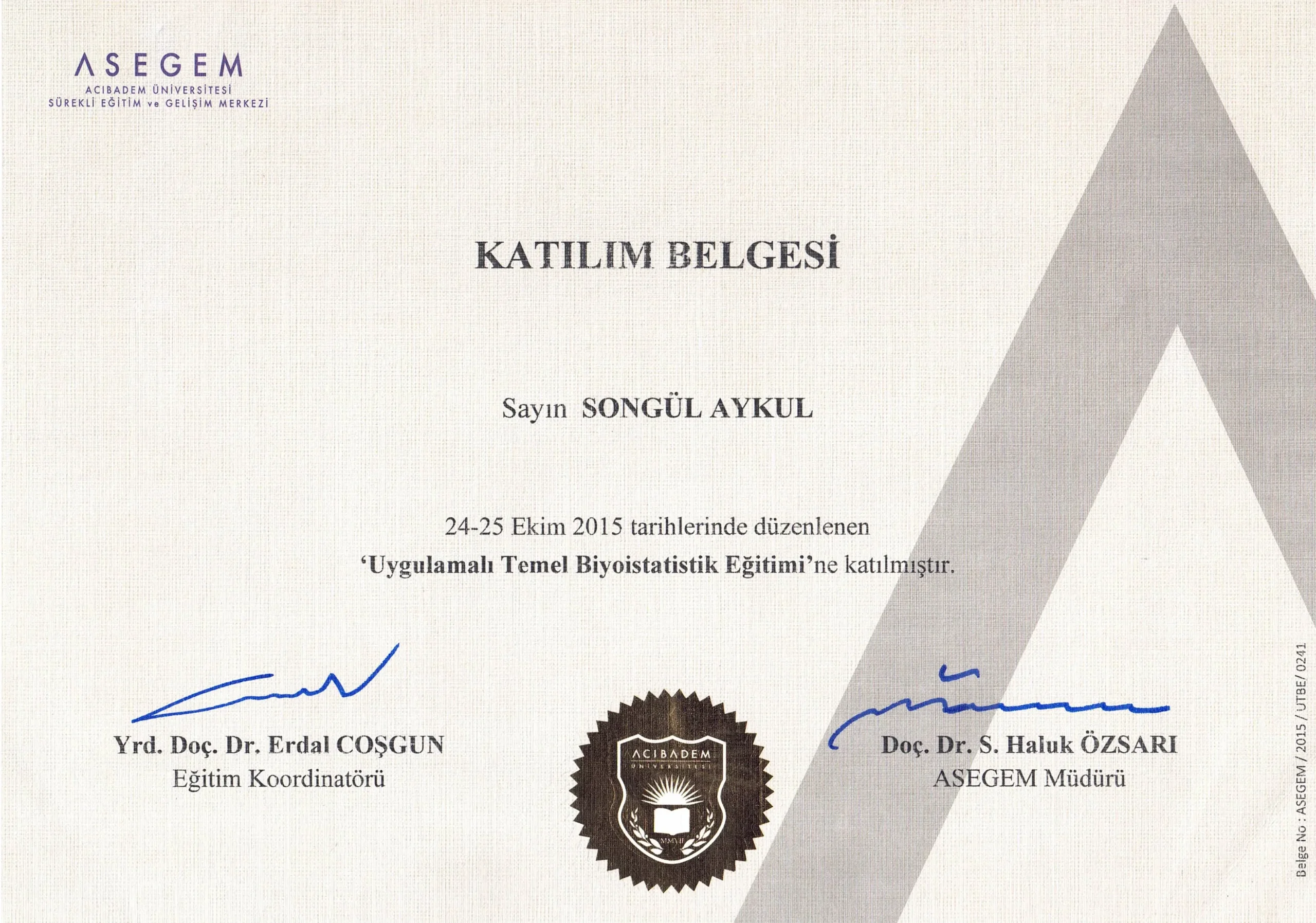 Uygulamalı Temel Biyoistatistik Eğitimi belgesi — Adana jinekolog Doç. Dr. Songül Alemdaroğlu bilimsel araştırma metodolojisi