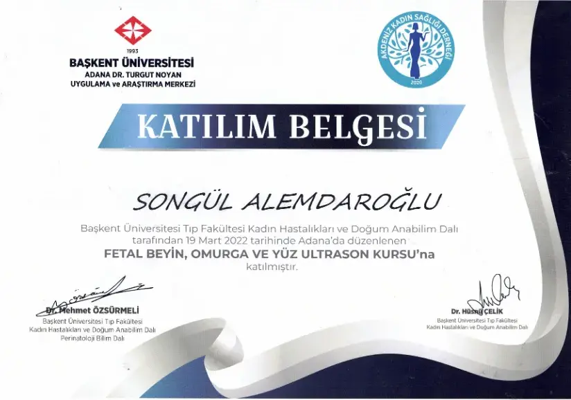Fetal Beyin, Omurga ve Yüz Ultrason Kursu katılım belgesi — Adana detaylı ultrason uygulayan kadın doğum uzmanı Doç. Dr. Songül Alemdaroğlu