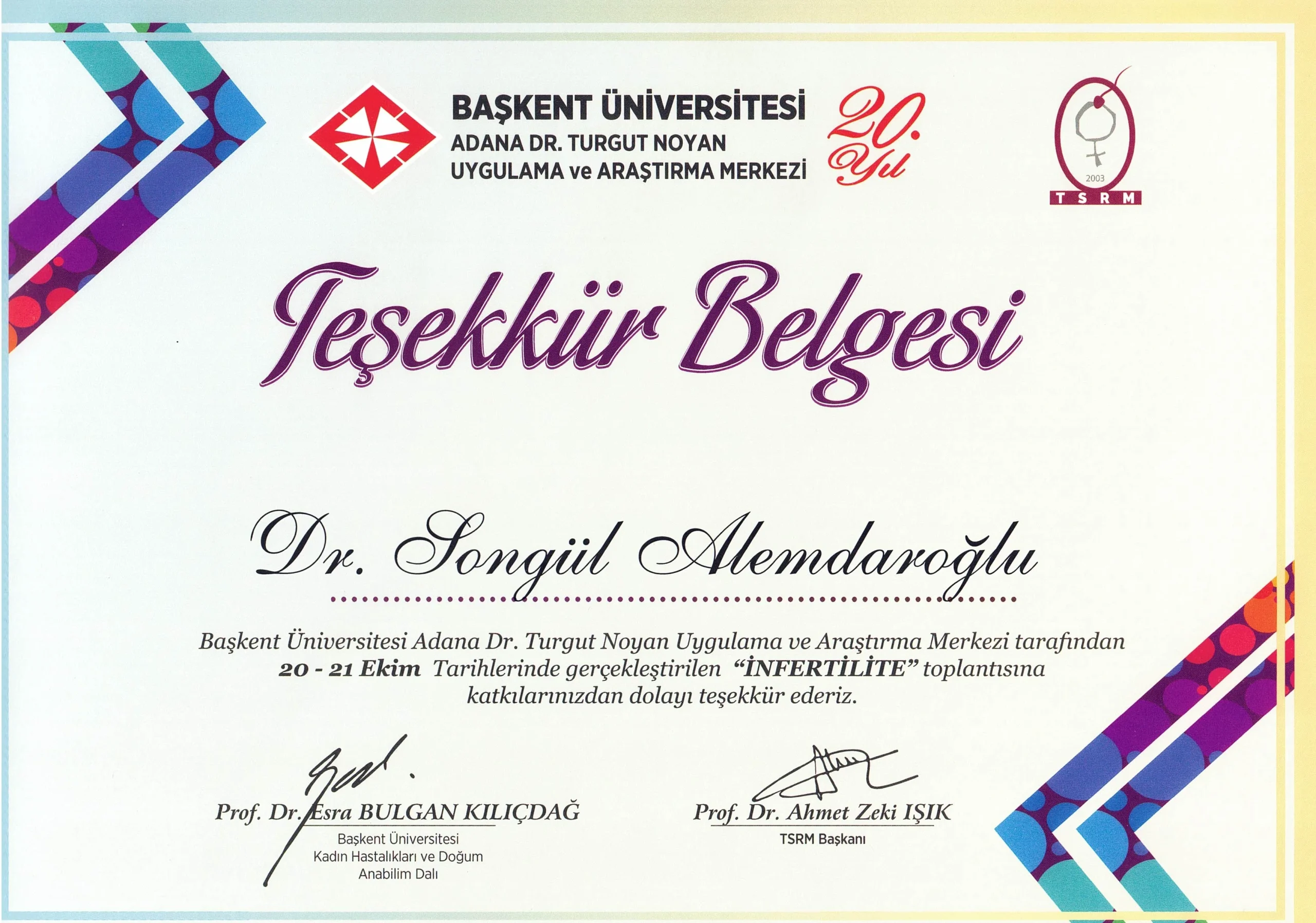 TSRM İnfertilite toplantısı teşekkür belgesi — Adana infertilite uzmanı Doç. Dr. Songül Alemdaroğlu