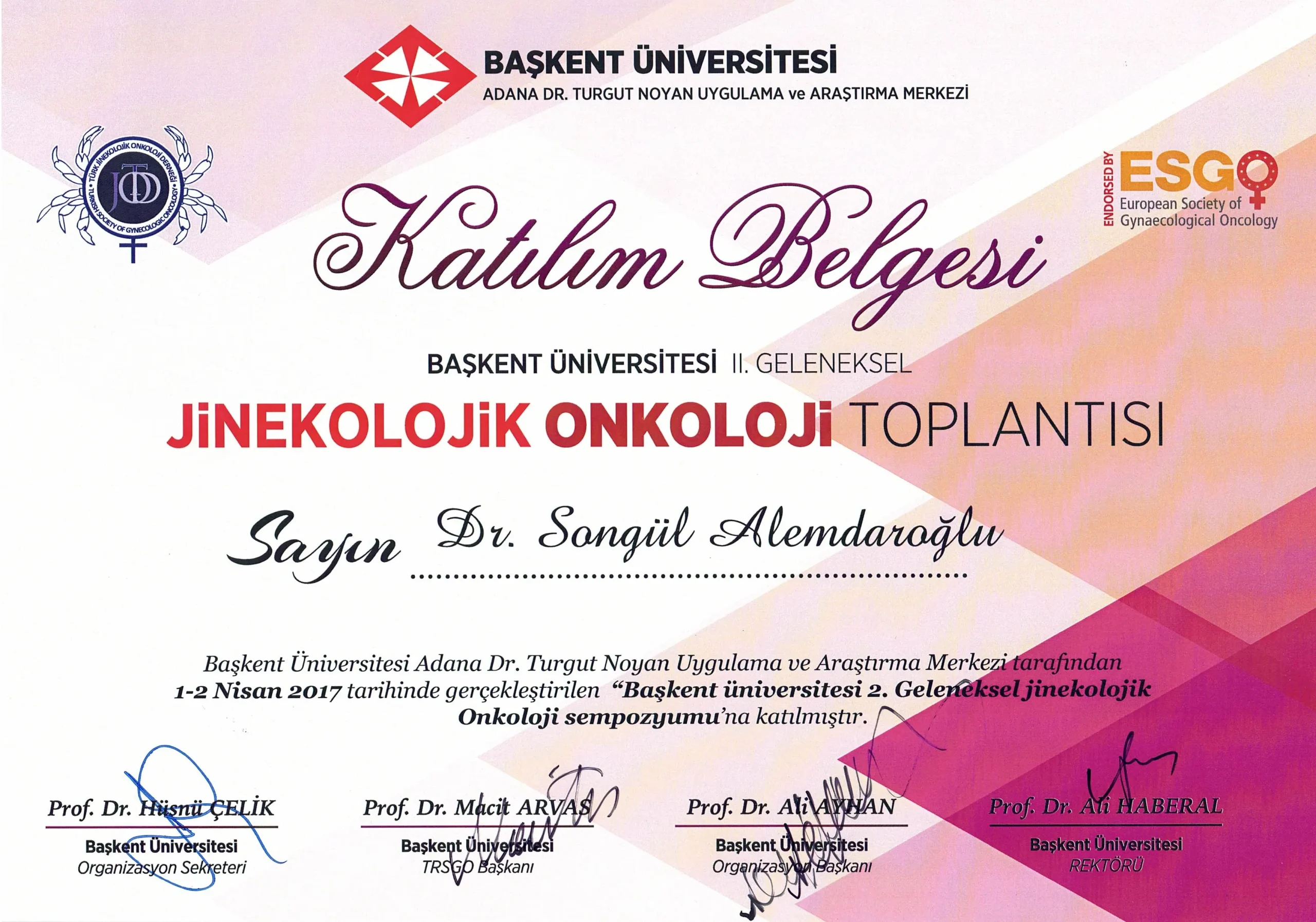 2. Geleneksel Jinekolojik Onkoloji Sempozyumu katılım belgesi — Adana jinekolojik onkoloji deneyimli Doç. Dr. Songül Alemdaroğlu