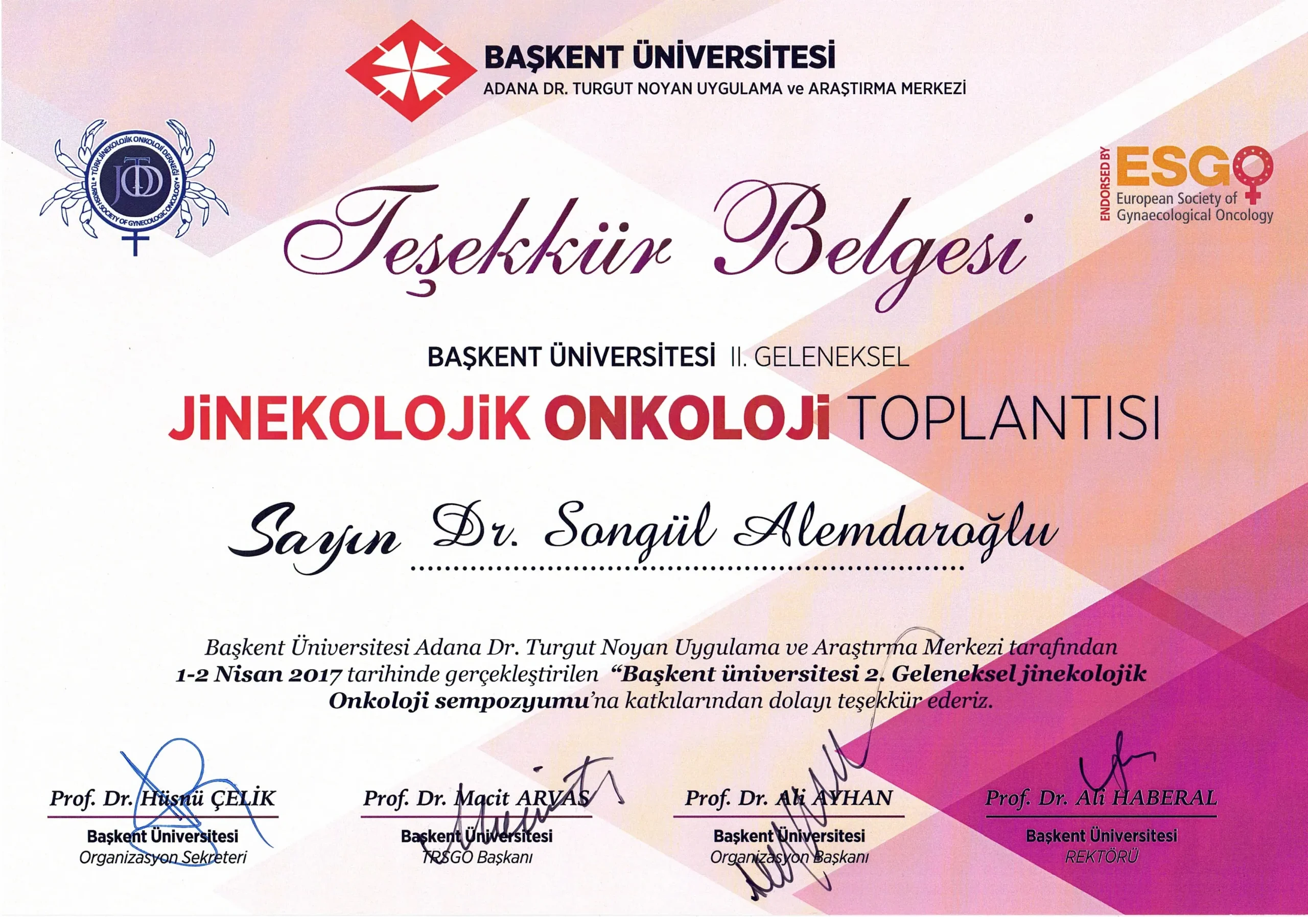 2. Geleneksel Jinekolojik Onkoloji Sempozyumu teşekkür belgesi — Adana kadın doğum uzmanı Doç. Dr. Songül Alemdaroğlu