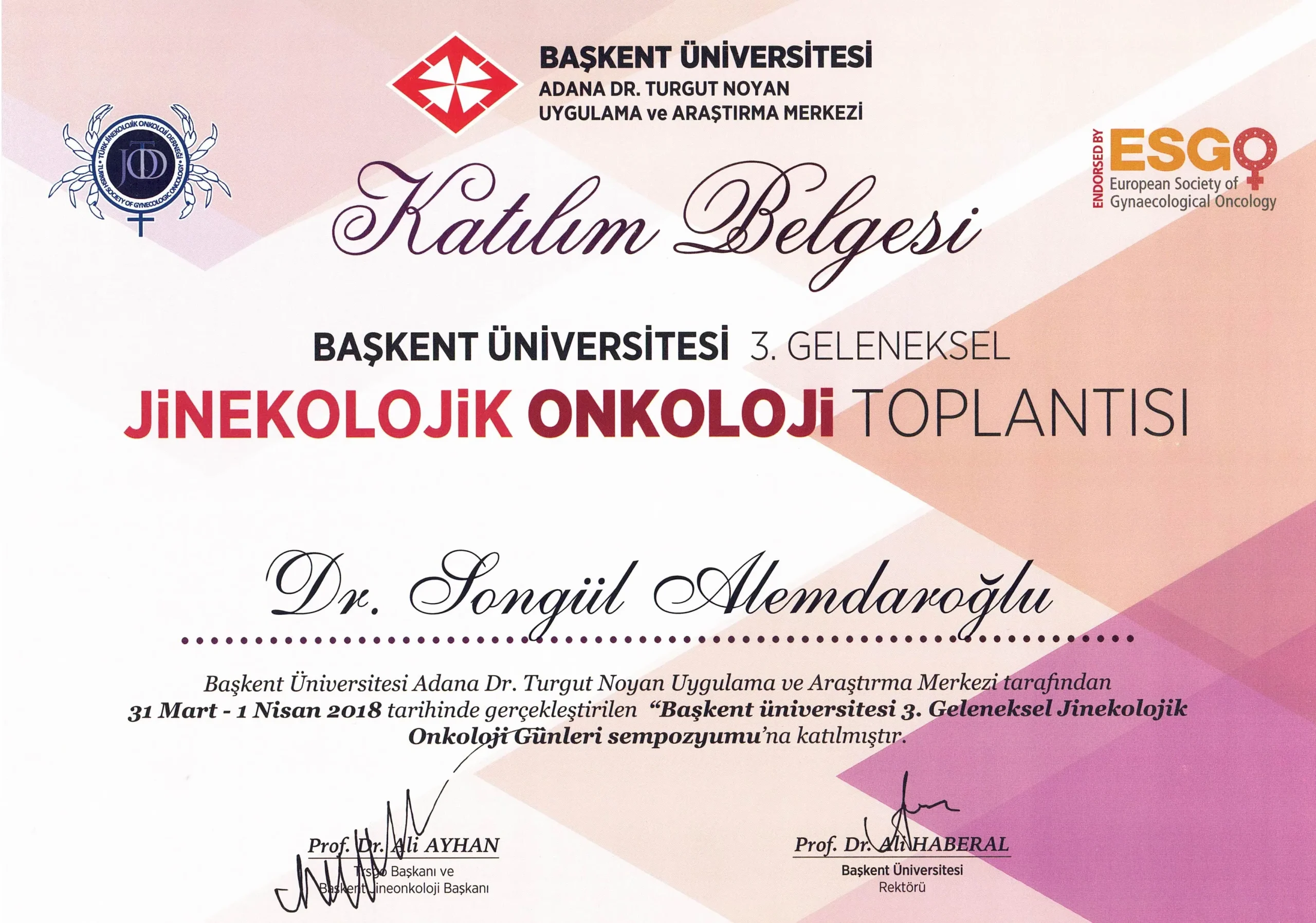 3. Geleneksel Jinekolojik Onkoloji Günleri katılım belgesi — Adana kadın hastalıkları ve doğum uzmanı Doç. Dr. Songül Alemdaroğlu