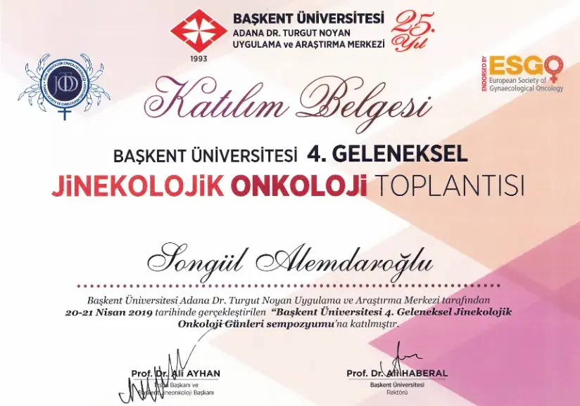 4. Geleneksel Jinekolojik Onkoloji Günleri katılım belgesi — Adana jinekolojik onkoloji deneyimli Doç. Dr. Songül Alemdaroğlu