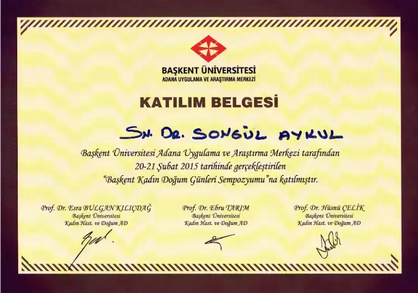 Başkent Kadın Doğum Günleri Sempozyumu katılım belgesi — Adana kadın doğum uzmanı Doç. Dr. Songül Alemdaroğlu