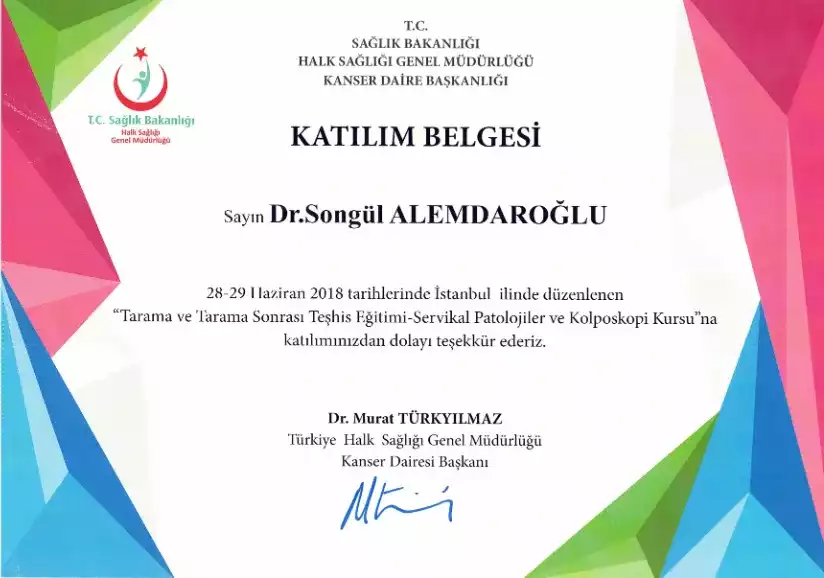 Servikal Patolojiler ve Kolposkopi Kursu katılım belgesi — Adana HPV tedavisi ve kolposkopi uygulayan Doç. Dr. Songül Alemdaroğlu