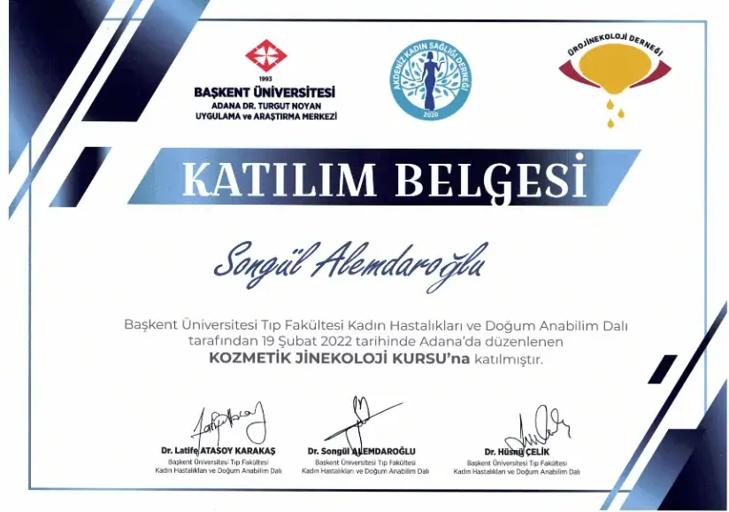 Kozmetik Jinekoloji Kursu katılım belgesi — Adana genital estetik uzmanı Doç. Dr. Songül Alemdaroğlu