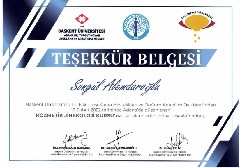 Kozmetik Jinekoloji Kursu teşekkür belgesi — Adana genital estetik uzmanı Doç. Dr. Songül Alemdaroğlu