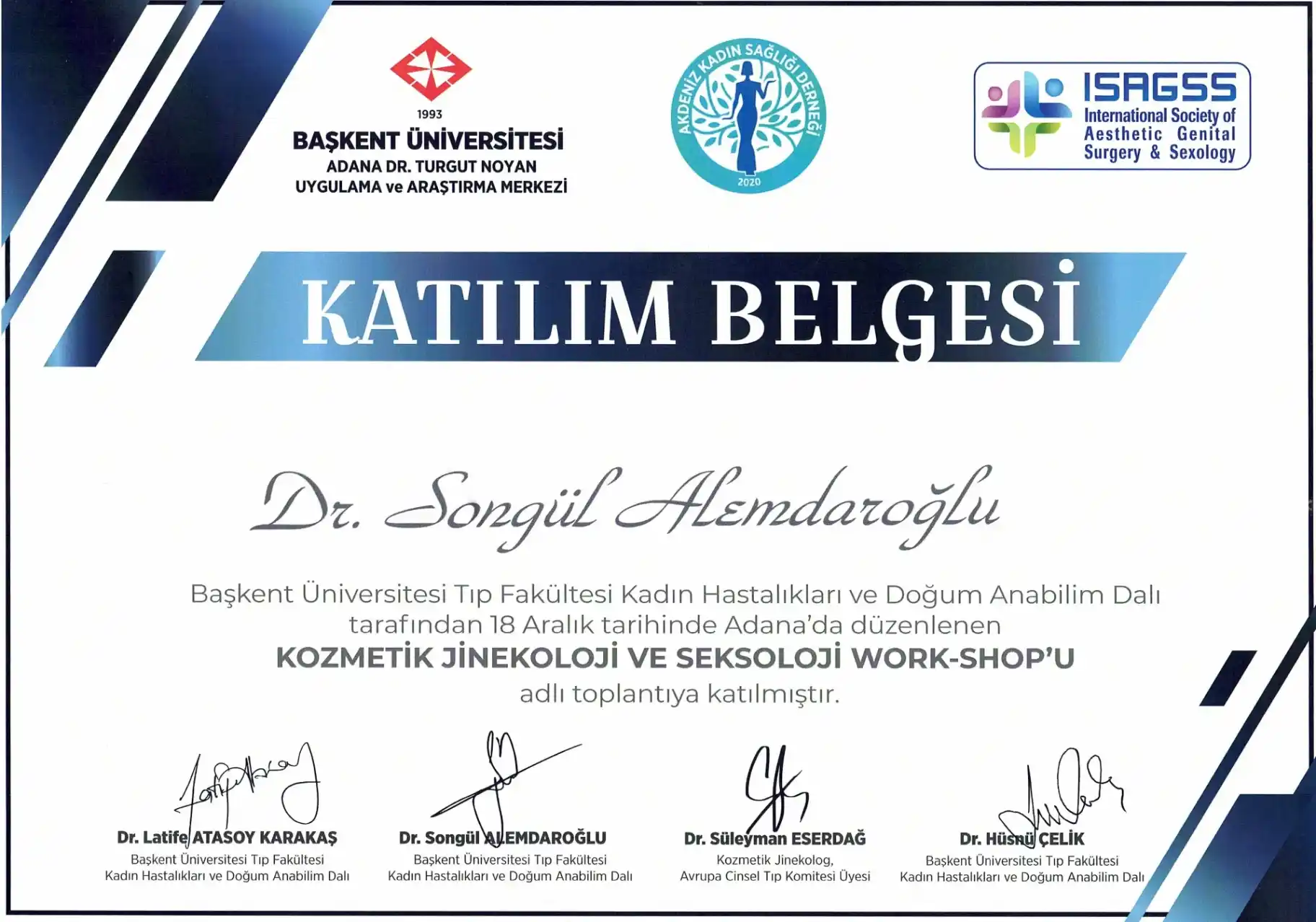 Kozmetik Jinekoloji ve Seksoloji Workshop katılım belgesi — Adana genital estetik uzmanı Doç. Dr. Songül Alemdaroğlu
