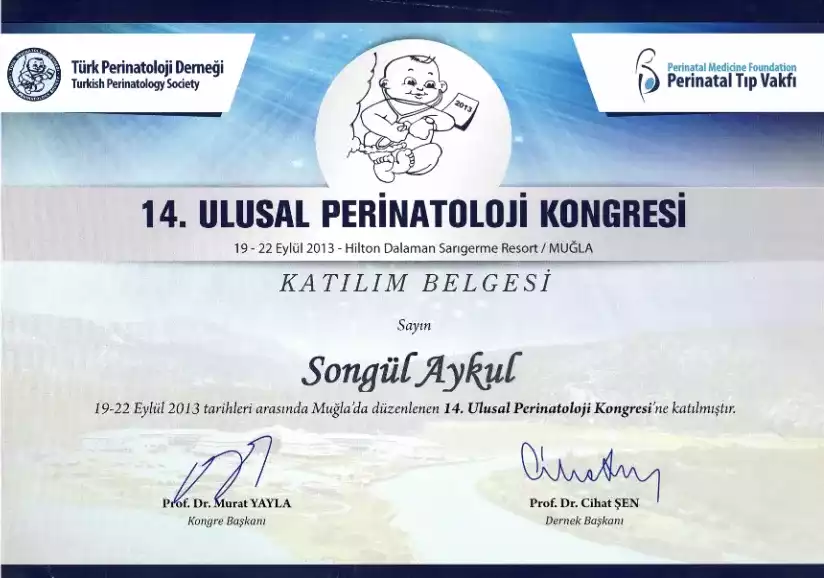 14. Ulusal Perinatoloji Kongresi katılım belgesi — Adana riskli gebelik takibi uzmanı Doç. Dr. Songül Alemdaroğlu