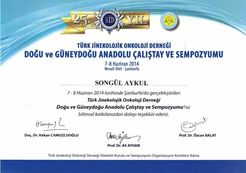Türk Jinekolojik Onkoloji Derneği Doğu ve Güneydoğu Anadolu Sempozyumu belgesi — Adana kadın doğum uzmanı Doç. Dr. Songül Alemdaroğlu