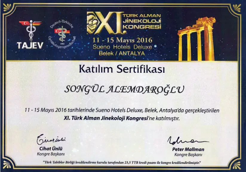 XI. Türk-Alman Jinekoloji Kongresi katılım sertifikası — Adana kadın hastalıkları ve doğum uzmanı Doç. Dr. Songül Alemdaroğlu