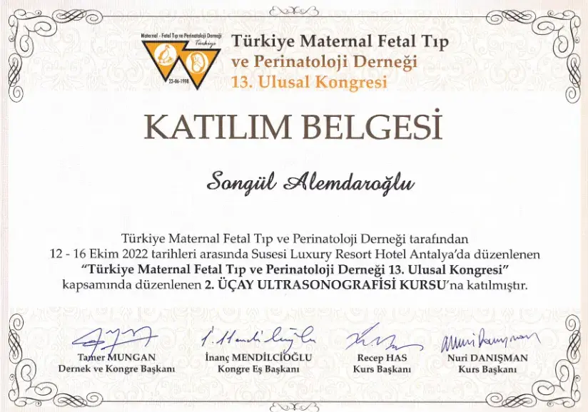 2. Üçay Ultrasonografi Kursu katılım belgesi — Adana riskli gebelik takibi uzmanı Doç. Dr. Songül Alemdaroğlu