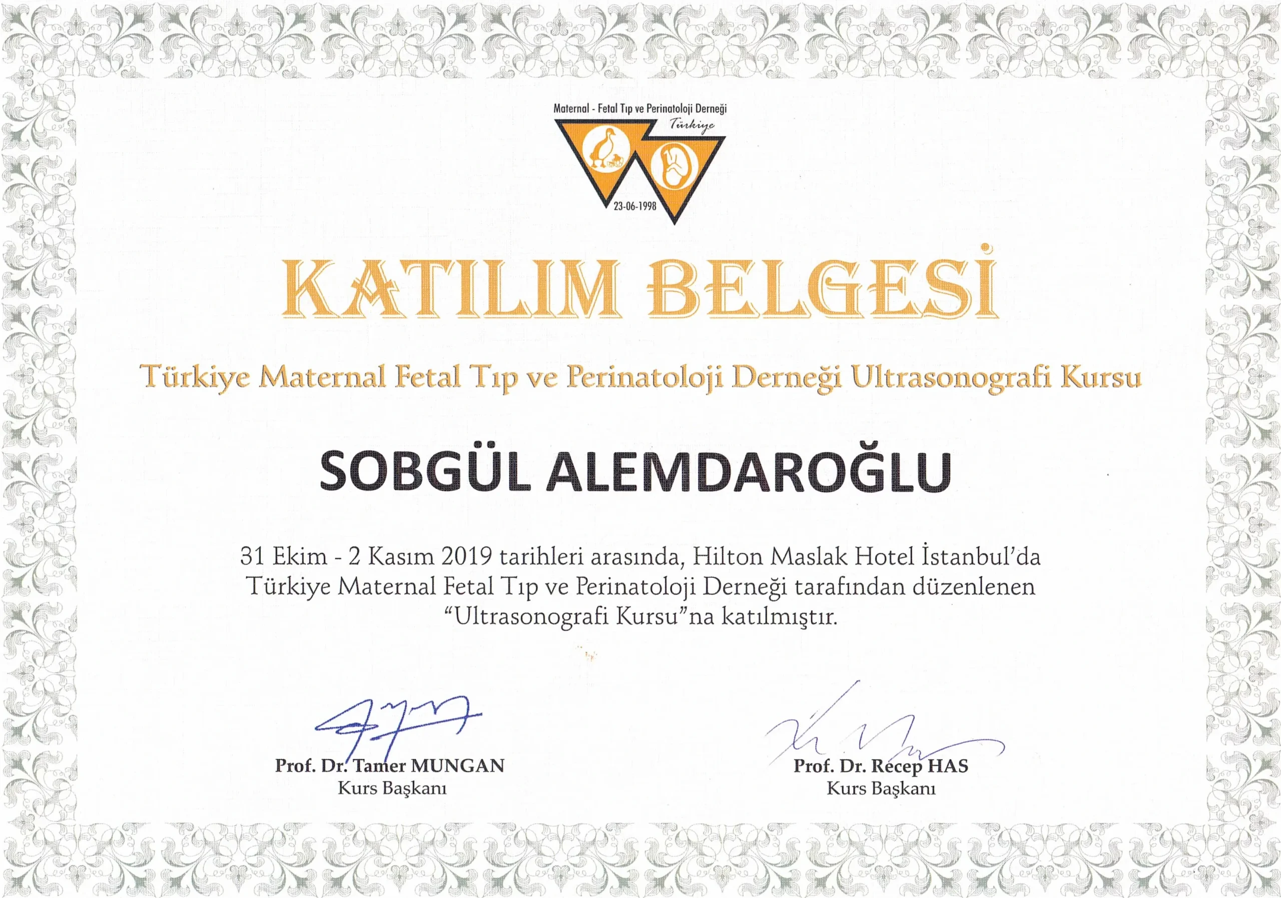 Ultrasonografi Kursu katılım belgesi 2019 — Adana riskli gebelik takibi uzmanı Doç. Dr. Songül Alemdaroğlu